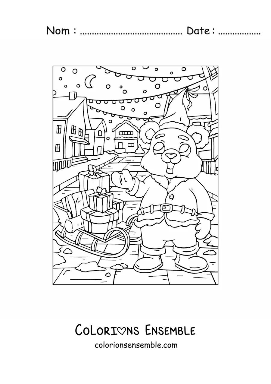 Image à colorier d’un ours de Noël déguisé en Père Noël avec un traîneau rempli de cadeaux