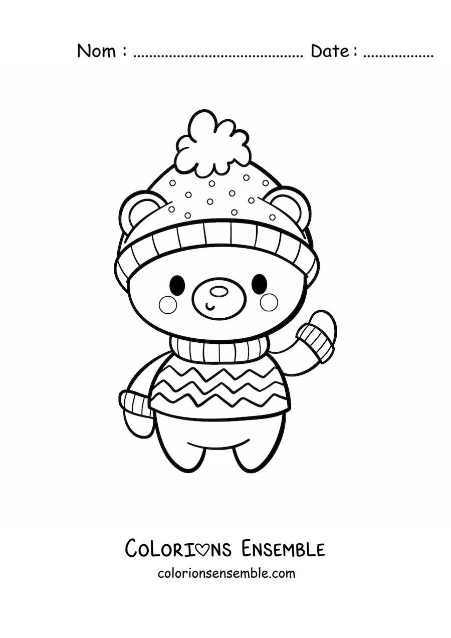 Image à colorier d’un ours de Noël kawaii avec un pull et un bonnet