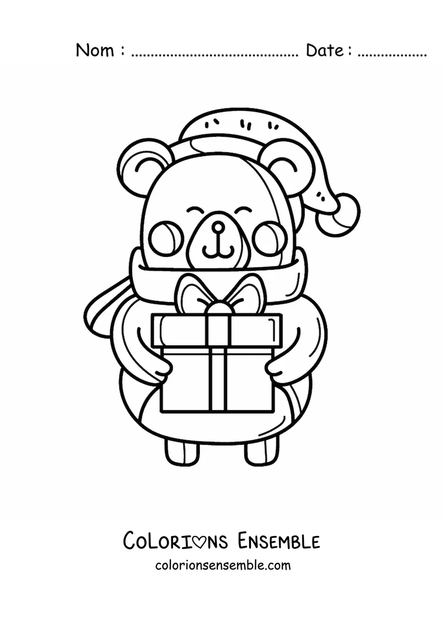 Image à colorier d’un ours de Noël kawaii avec un cadeau