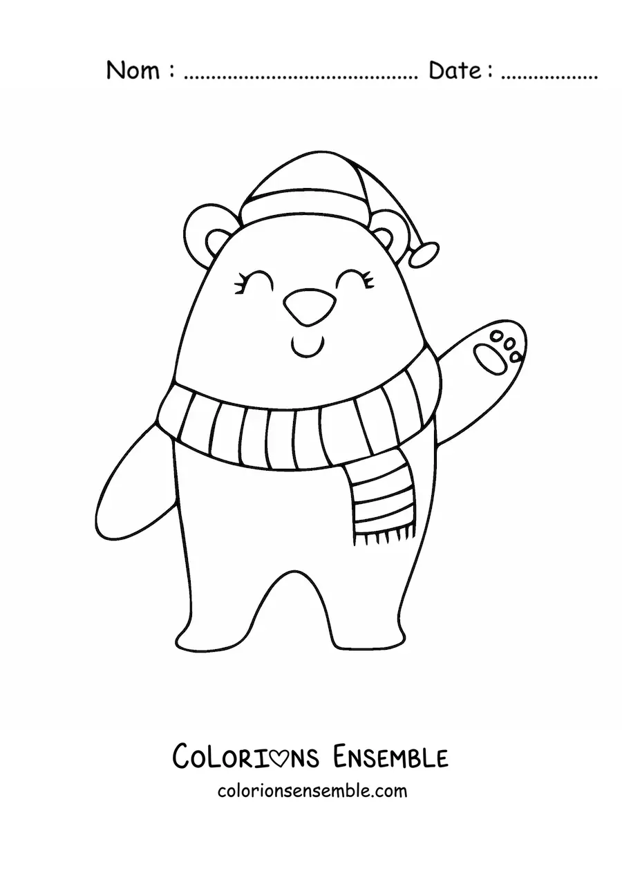 Image à colorier d’un ours de Noël avec une écharpe et un bonnet