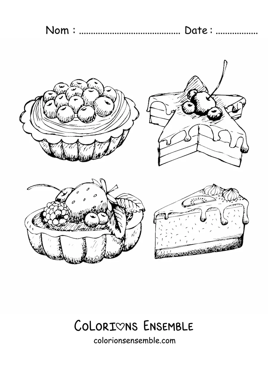 Image à colorier de quatre gâteaux aux fruits différents