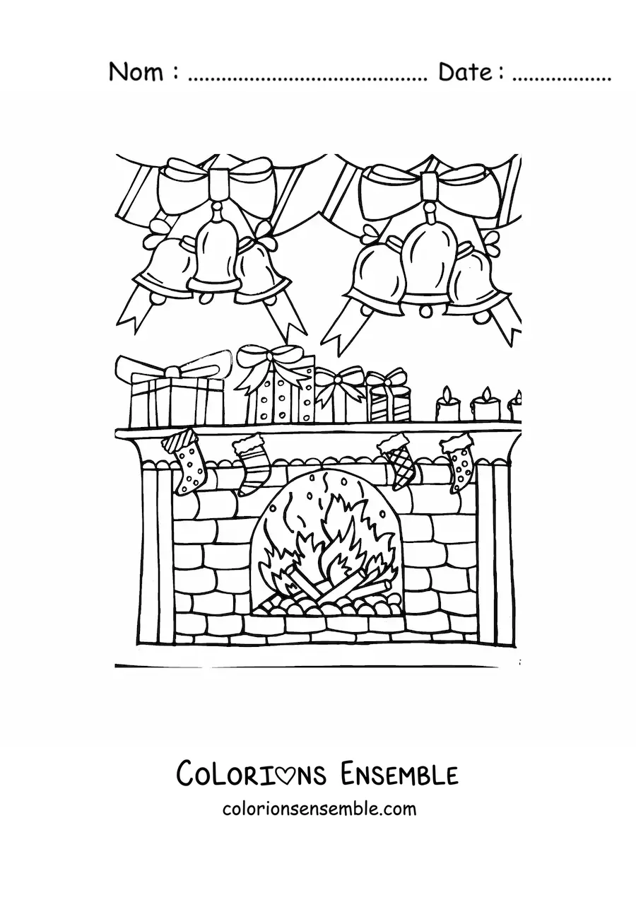Image à colorier d’une cheminée décorée avec des chaussettes et des cloches de Noël
