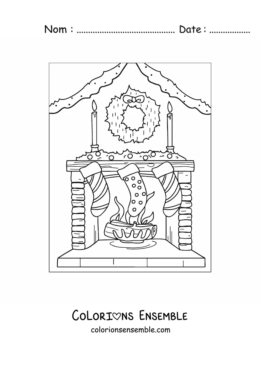 Image à colorier d’une cheminée décorée avec des chaussettes et une couronne de Noël