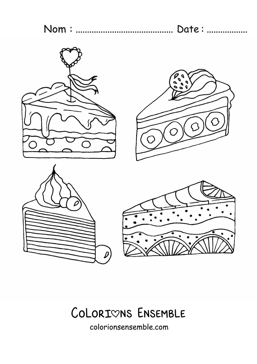 Image à colorier de quatre parts triangulaires de gâteaux aux fruits
