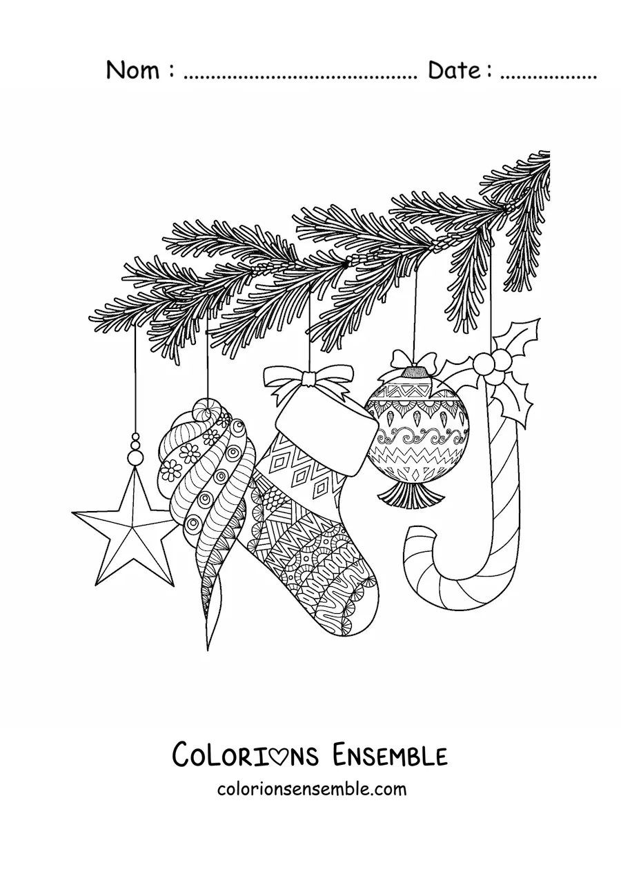 Image à colorier d’une branche de sapin de Noël avec des boules et des ornements