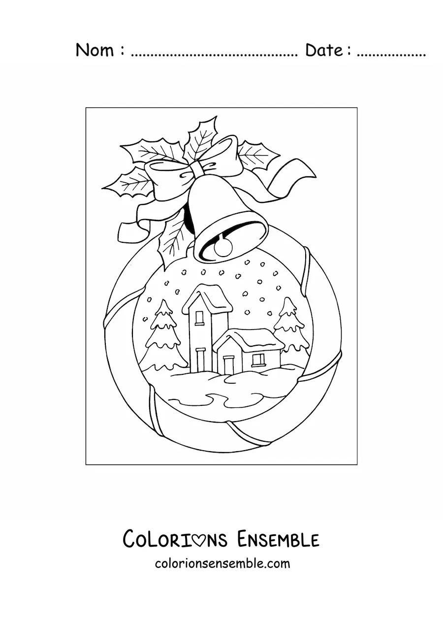 Image à colorier d’une boule à neige de Noël avec un paysage