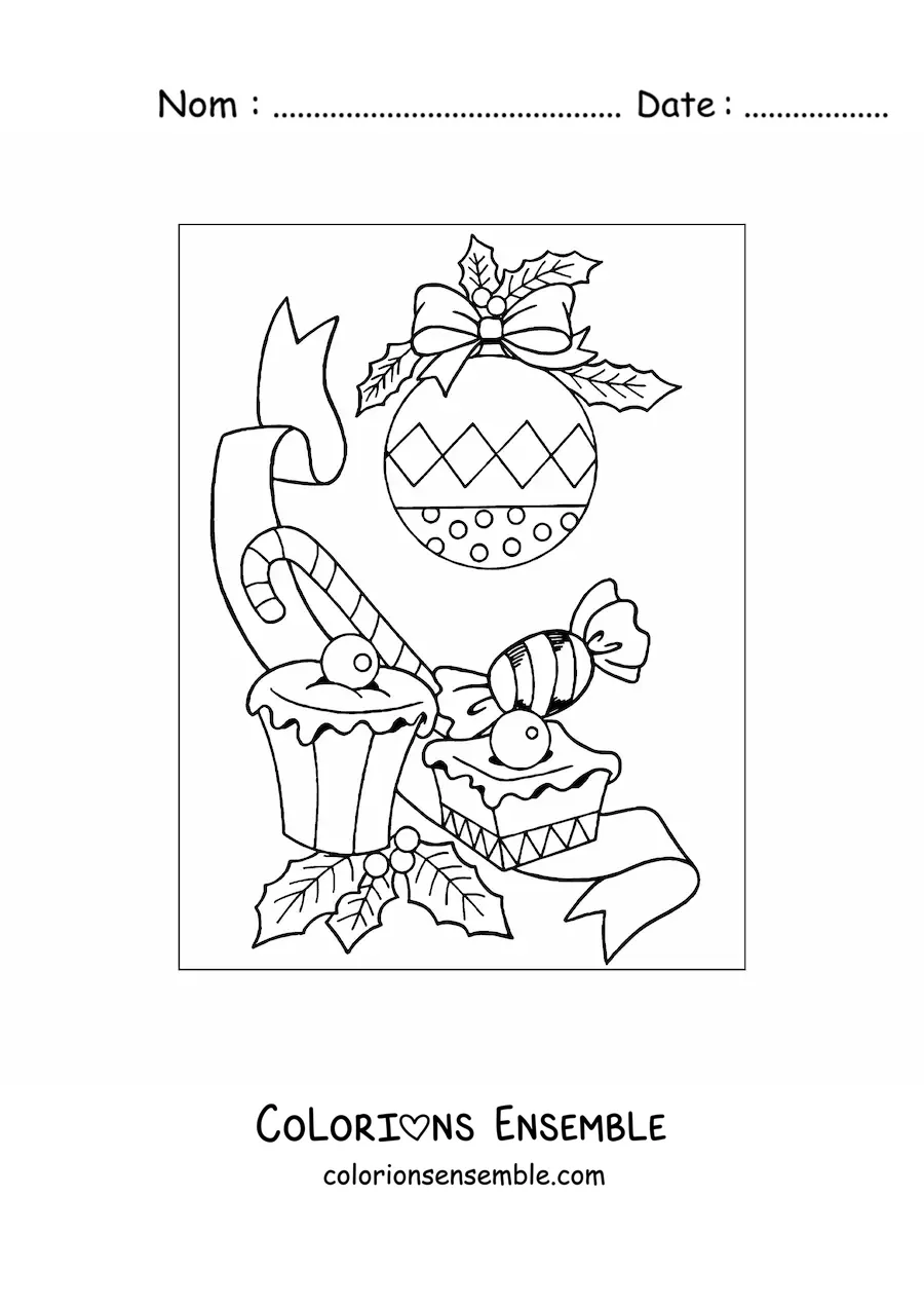 Image à colorier d’une boule de Noël avec des friandises de Noël