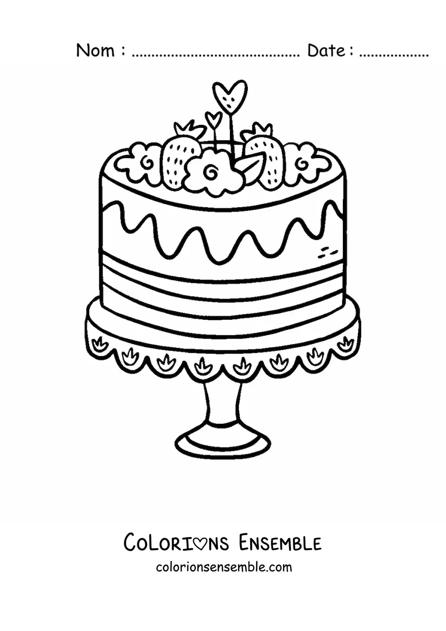 Image à colorier d'un gâteau décoré de fraises et de fleurs