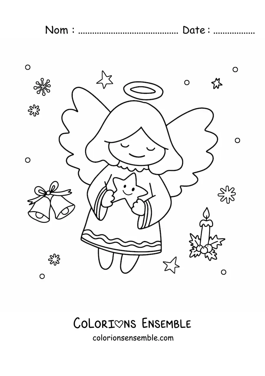 Image à colorier d’un ange de Noël kawaii avec une étoile