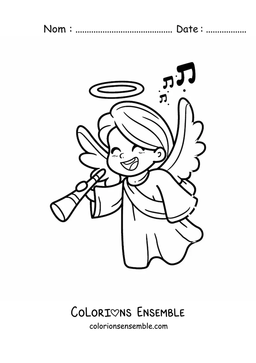 Image à colorier d’un petit ange de Noël avec une flûte