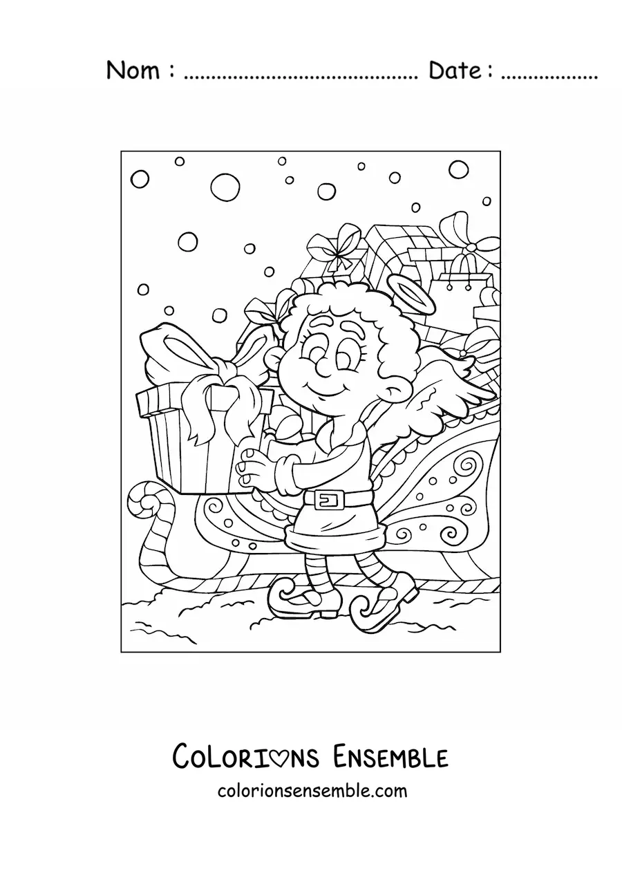 Image à colorier d’un ange de Noël animé avec des cadeaux