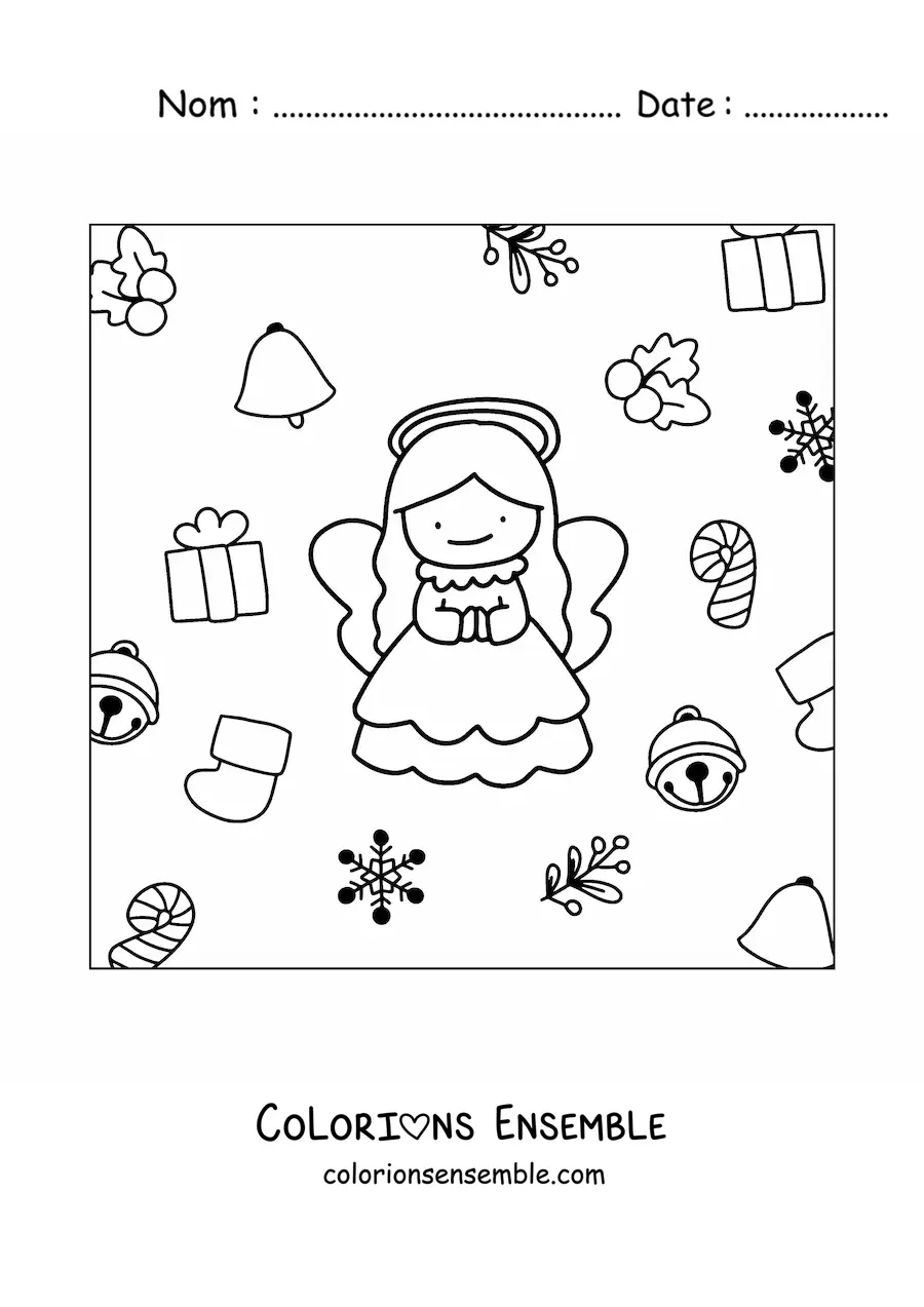 Image à colorier d’un ange avec des ornements de Noël