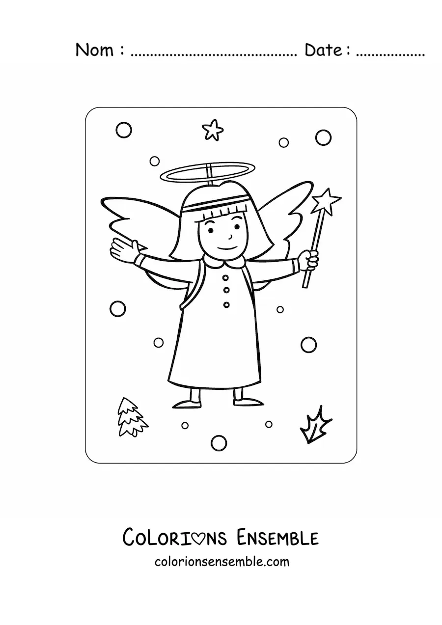 Image à colorier d’une fille déguisée en petit ange de Noël