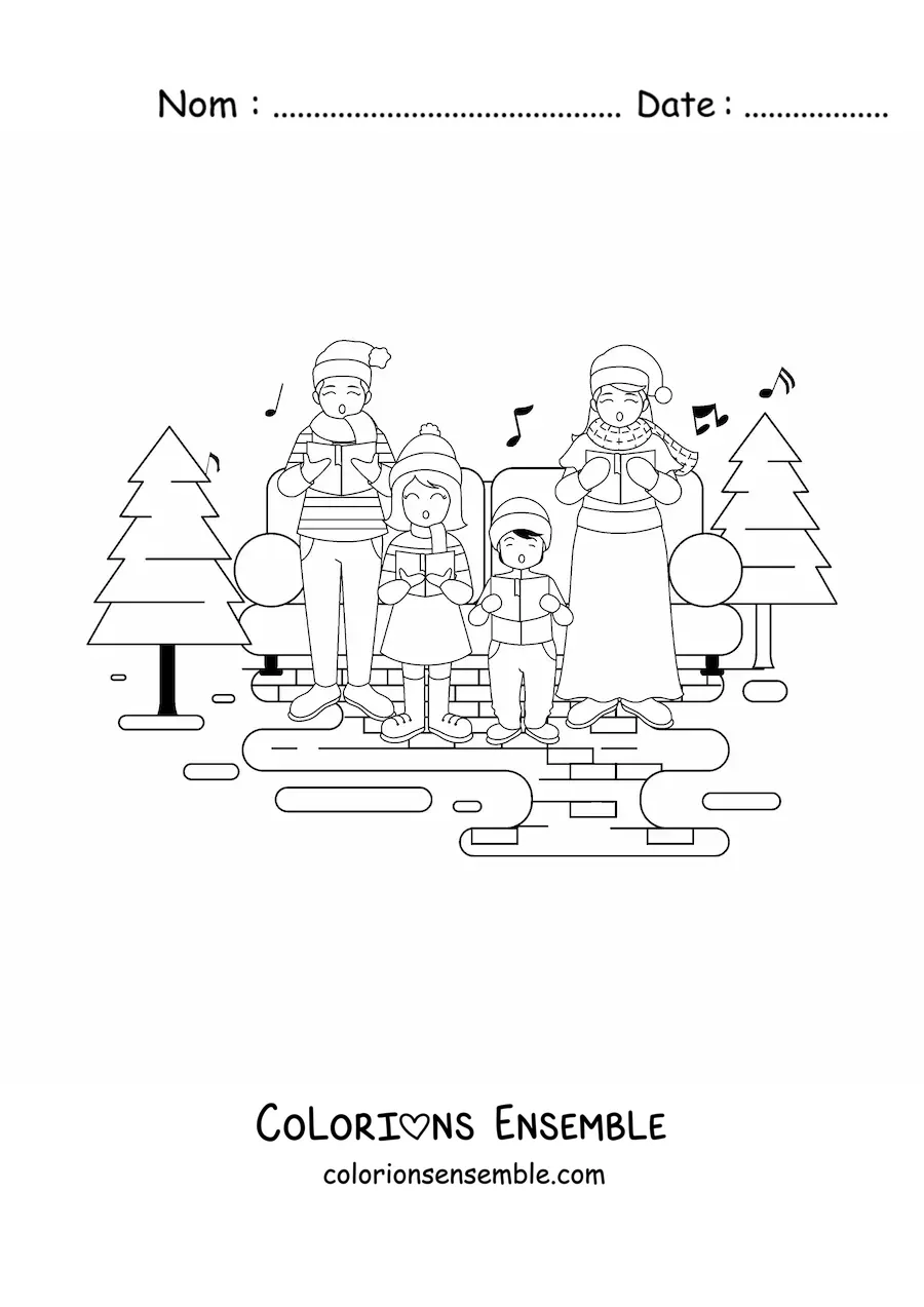 Image à colorier d’une grande famille chantant des chants de Noël