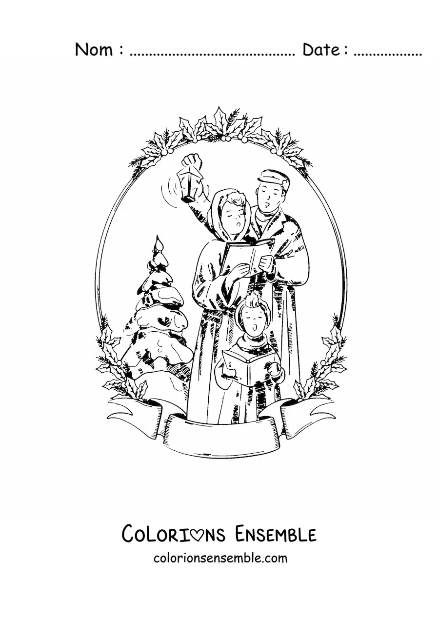 Image à colorier d’une famille vintage chantant des chants de Noël