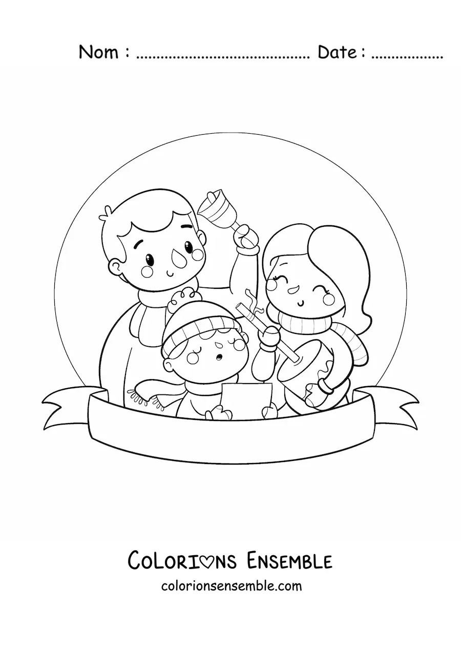 Image à colorier d’un garçon et de sa famille chantant des chants à l’Enfant Jésus