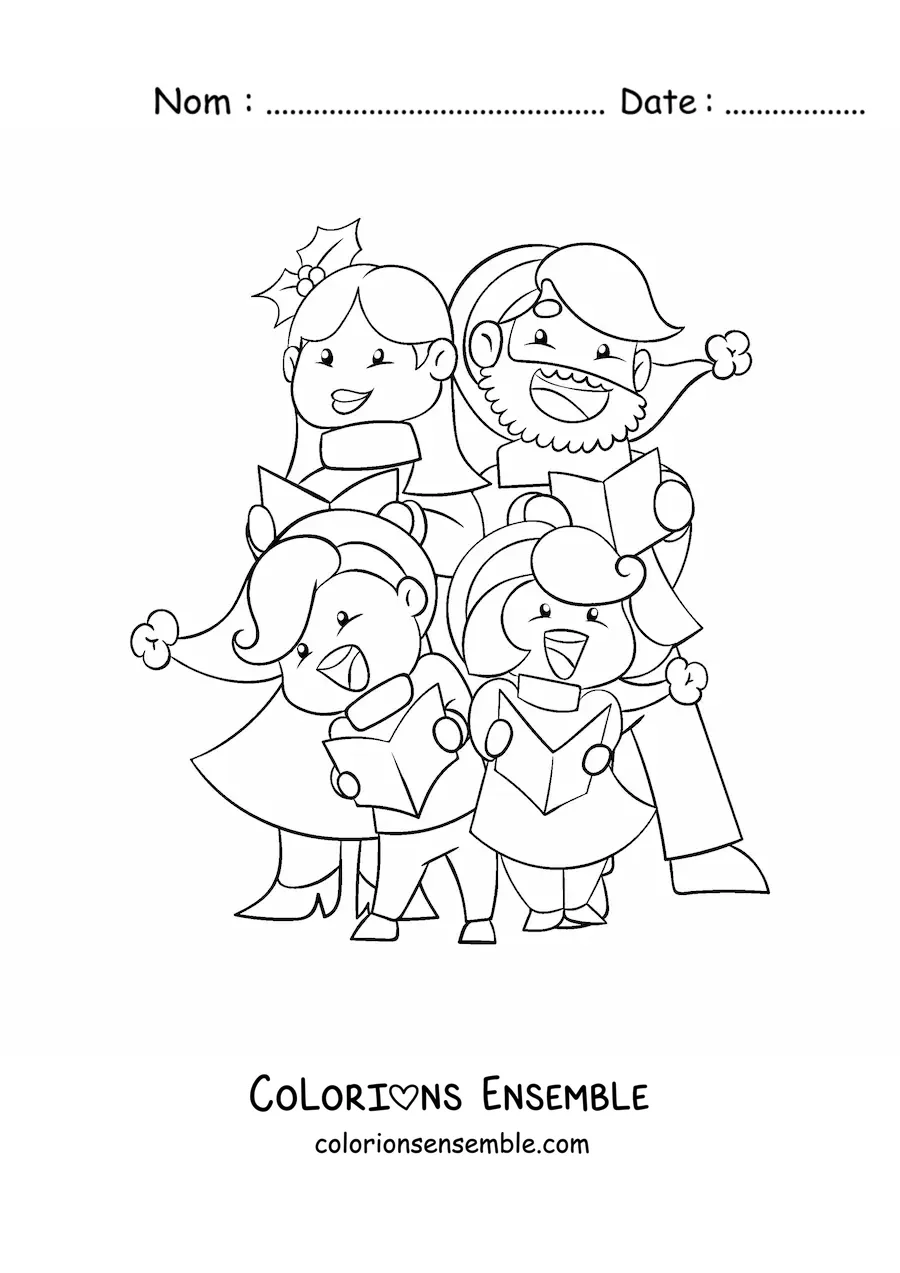 Image à colorier d’une famille chantant joyeusement des chants de Noël