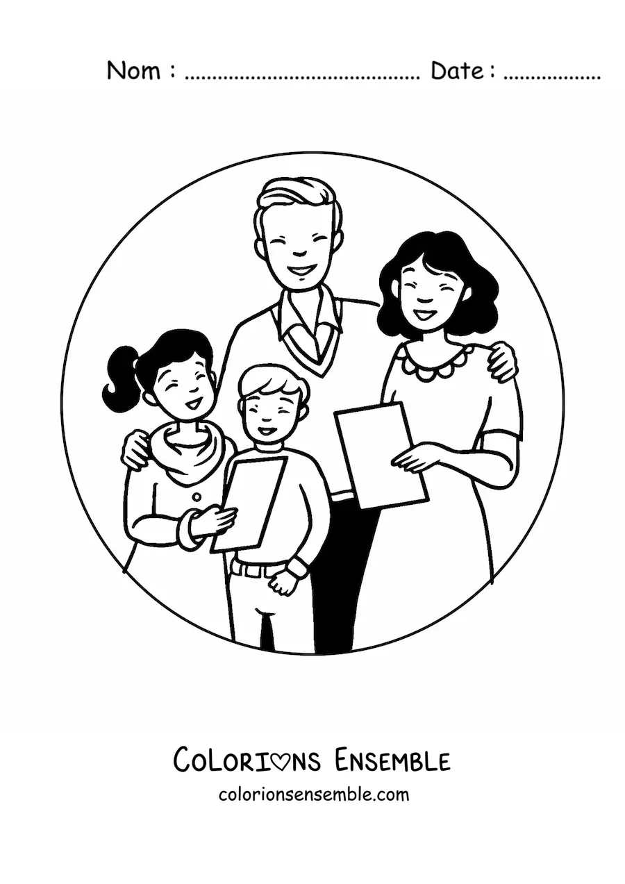 Image à colorier d’une famille unie chantant des chants de Noël