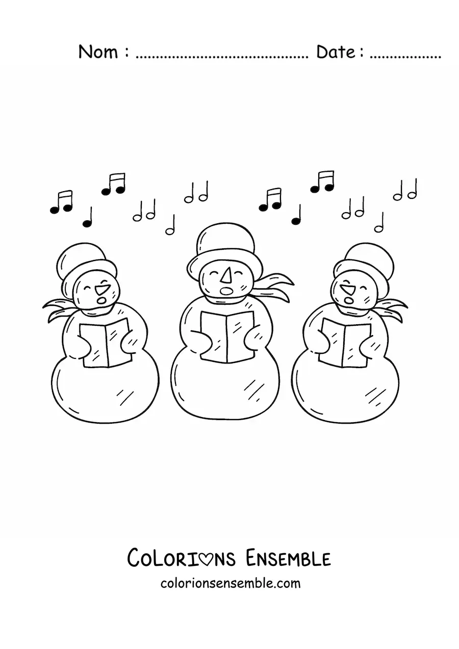Image à colorier de bonshommes de neige animés chantant des chants de Noël