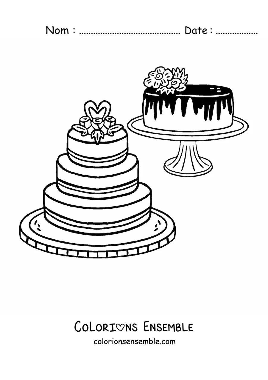 Image à colorier de deux gâteaux de mariage