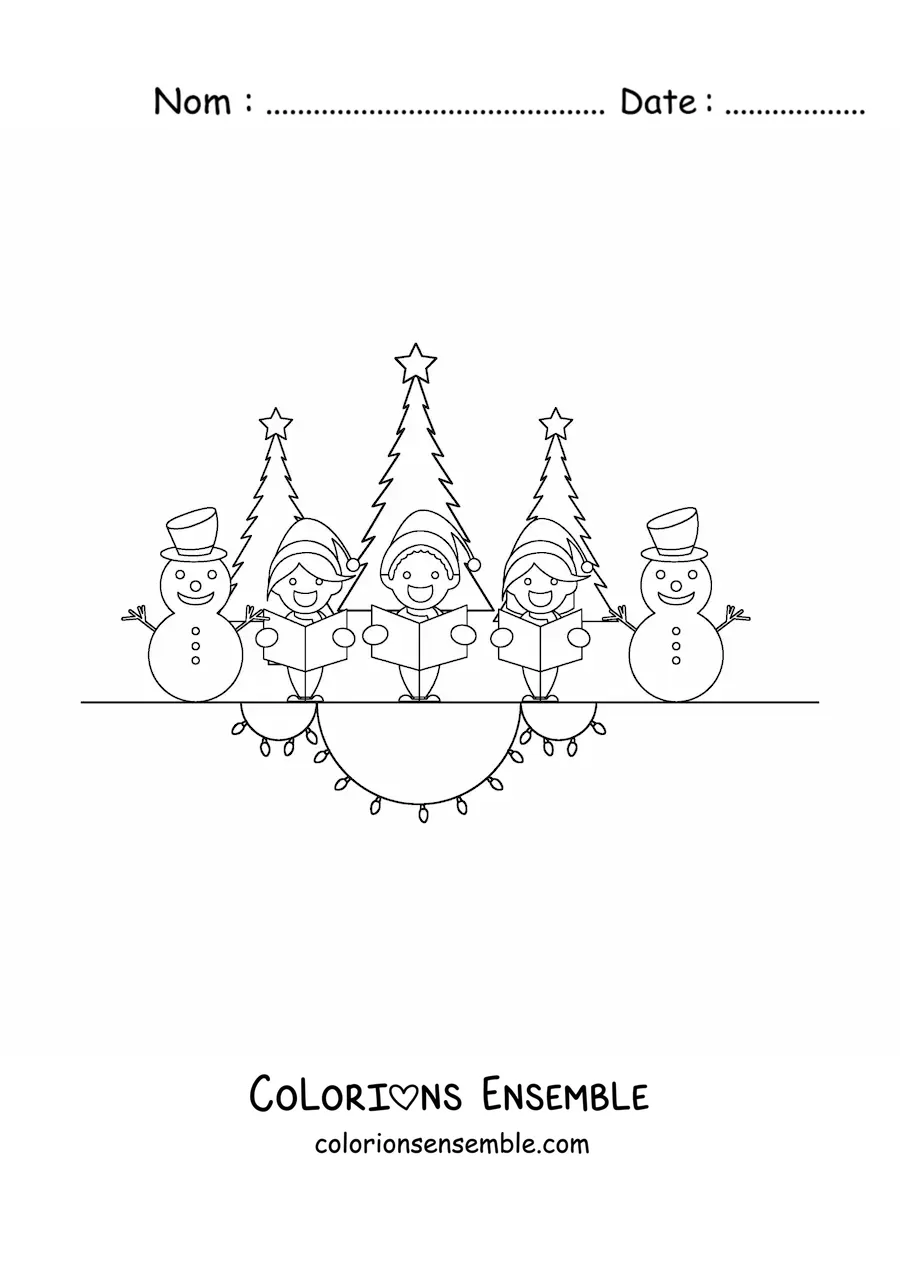 Image a colorier d’enfants et de bonshommes de neige animes qui chantent des chants de Noel