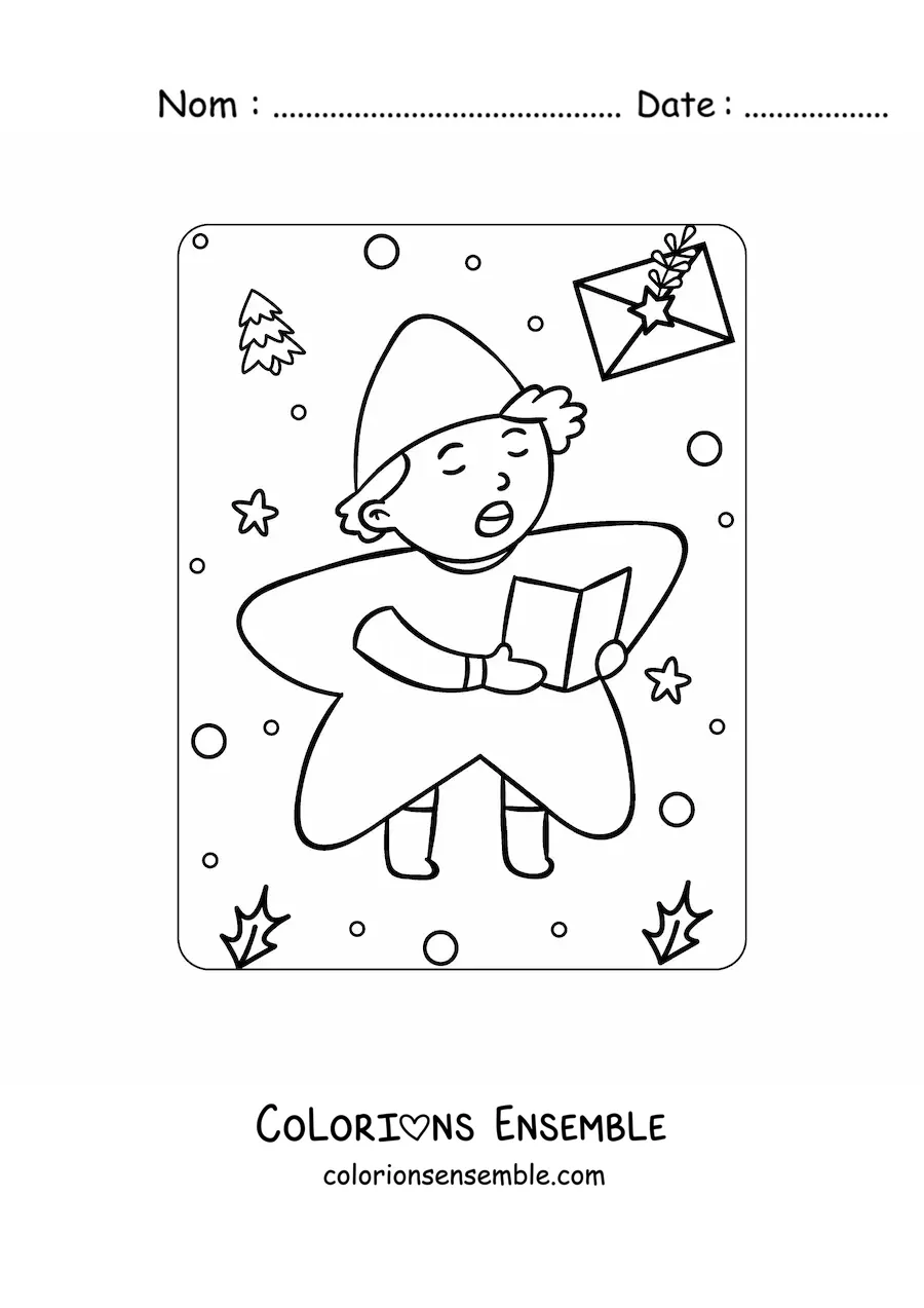 Image a colorier d’un garcon deguise en etoile qui chante des chants de Noel