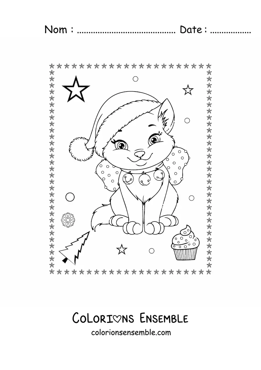 Image a colorier d’un chat de Noel kawaii avec un noeud