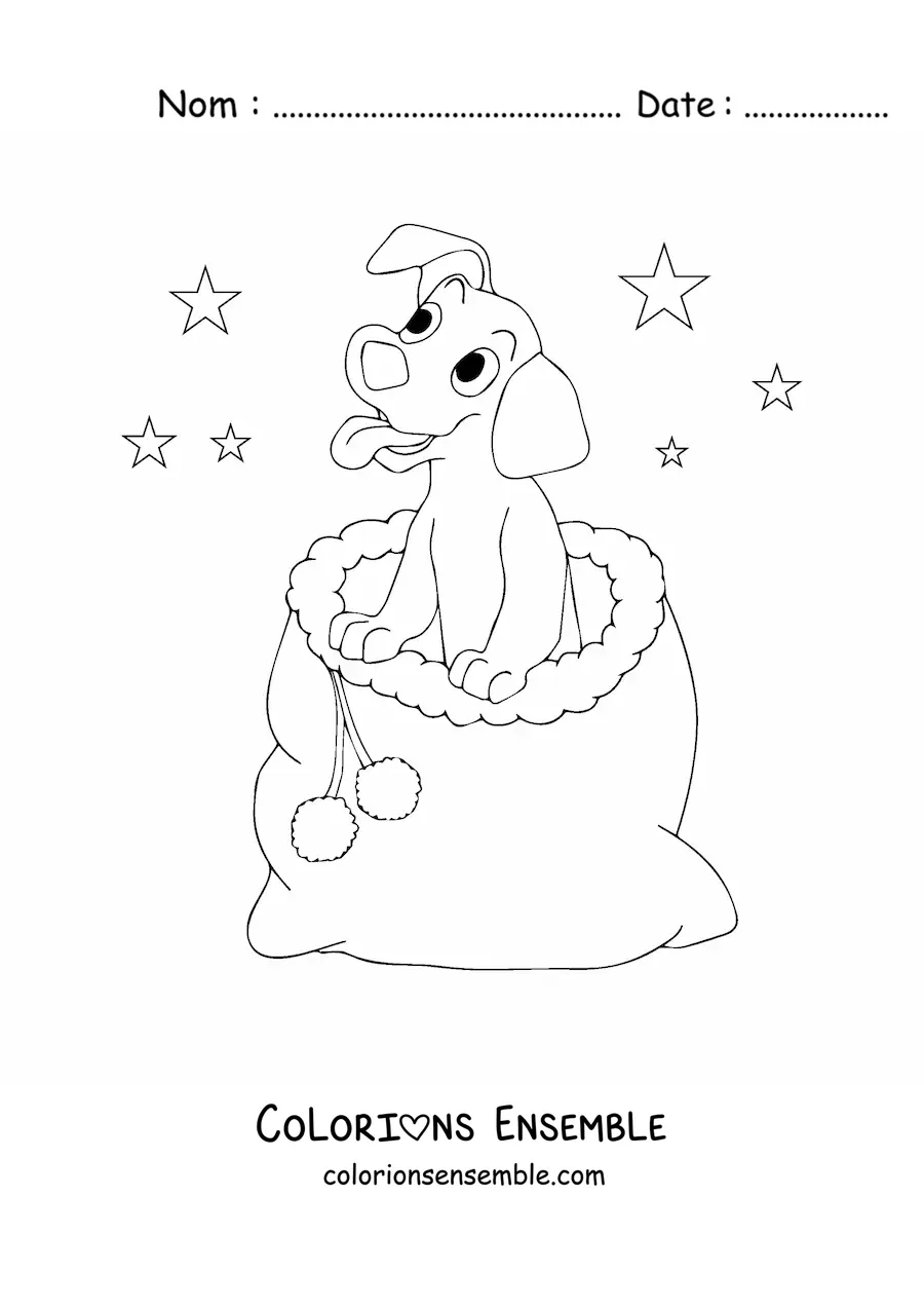 Image a colorier d’un chien de Noel kawaii dans une hotte a cadeaux