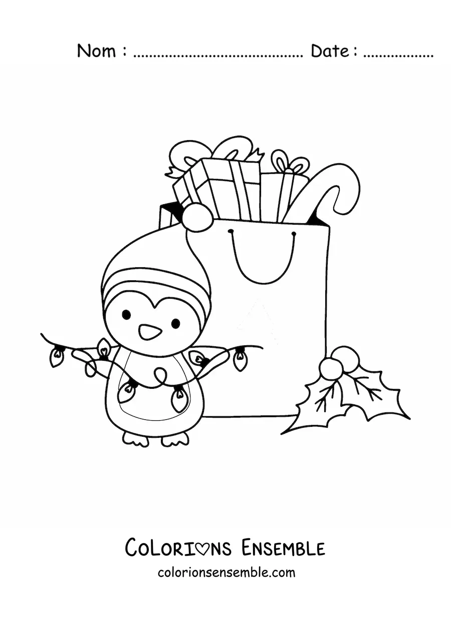 Image a colorier d’un pingouin de Noel kawaii avec des cadeaux et des lumieres