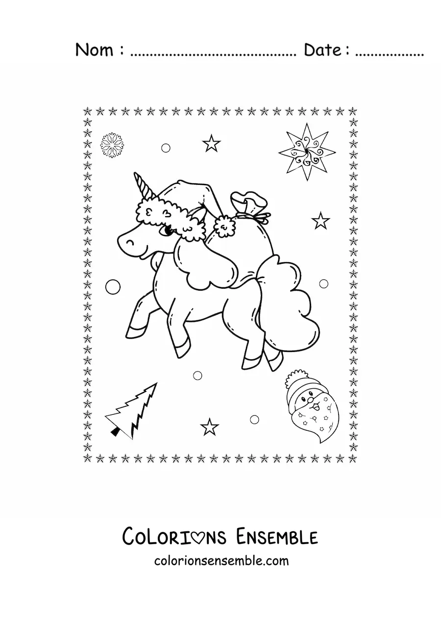 Image a colorier d’une licorne de Noel kawaii avec des cadeaux