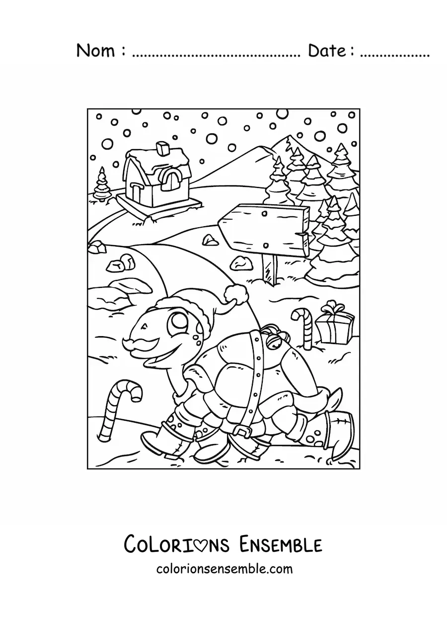 Image a colorier d’une tortue de Noel animee