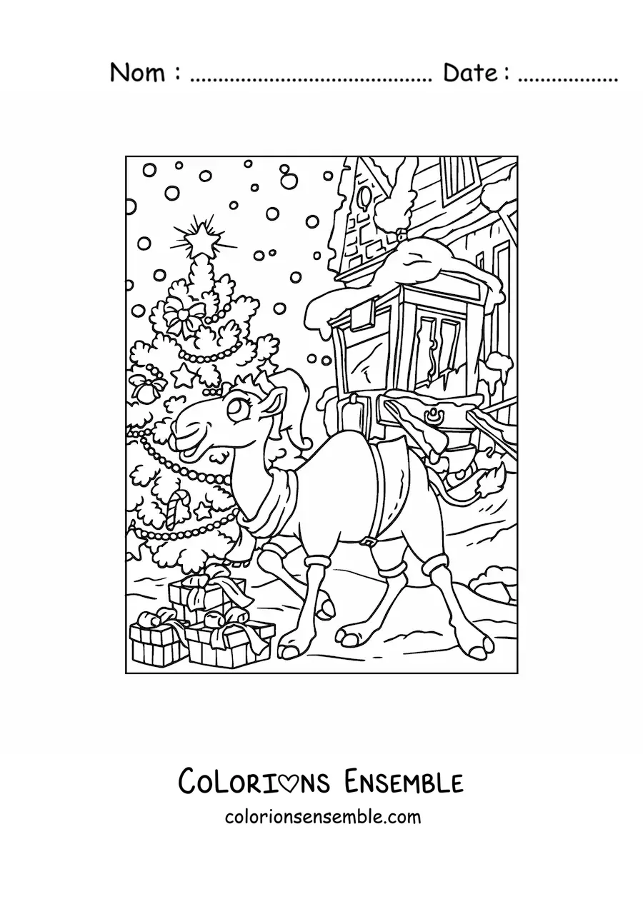 Image a colorier d’un chameau de Noel anime