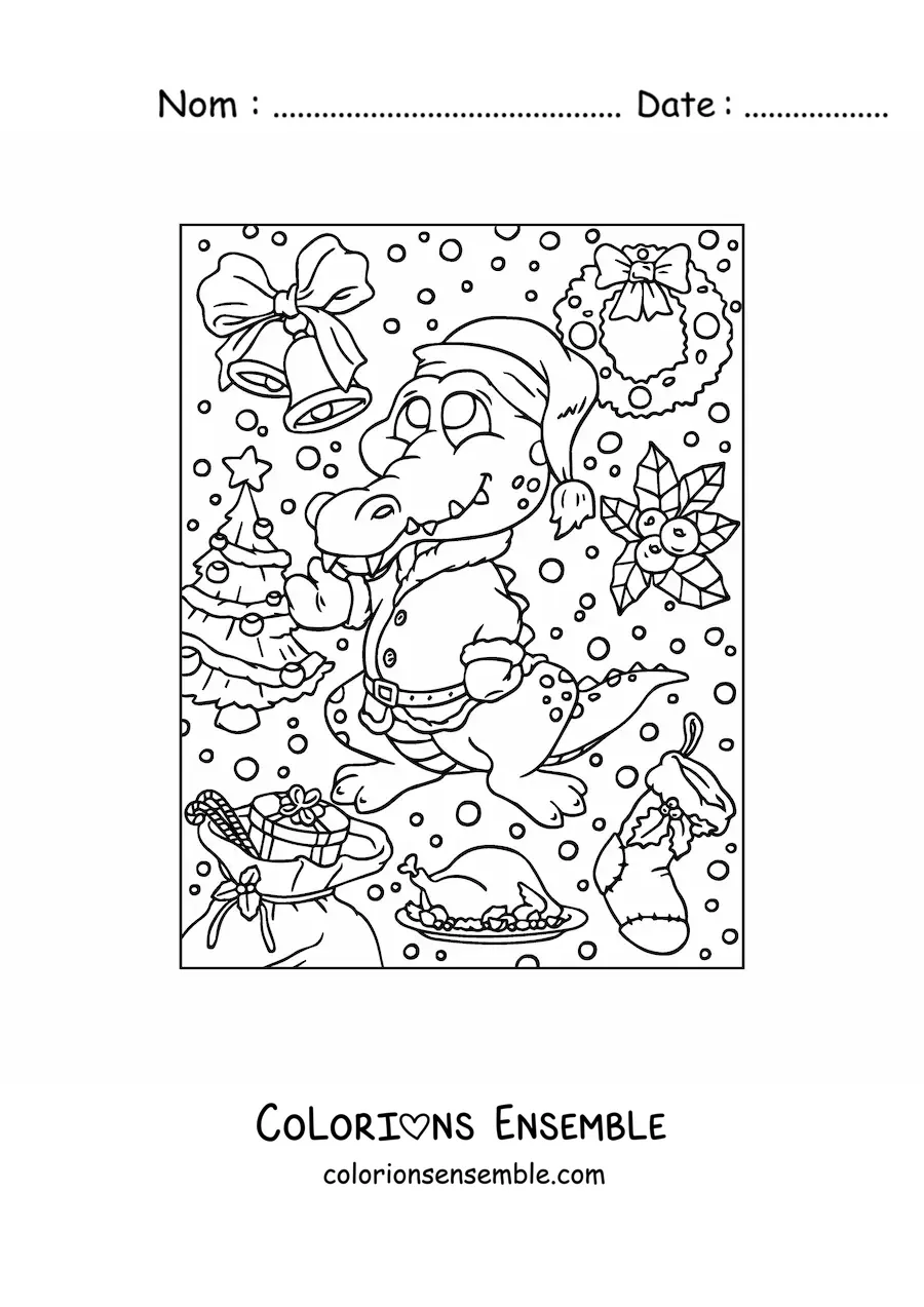Image a colorier d’un crocodile de Noel anime