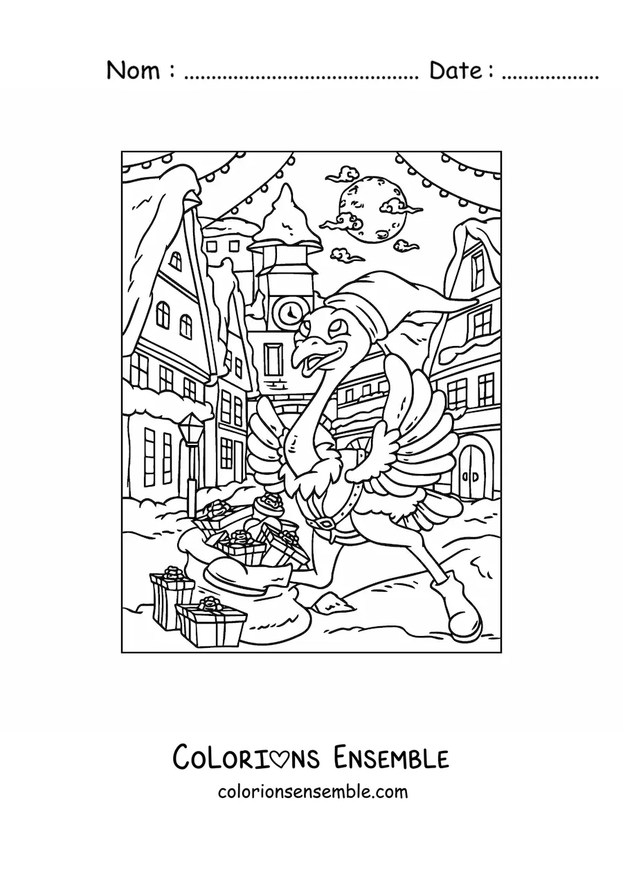 Image a colorier d’une autruche de Noel animee