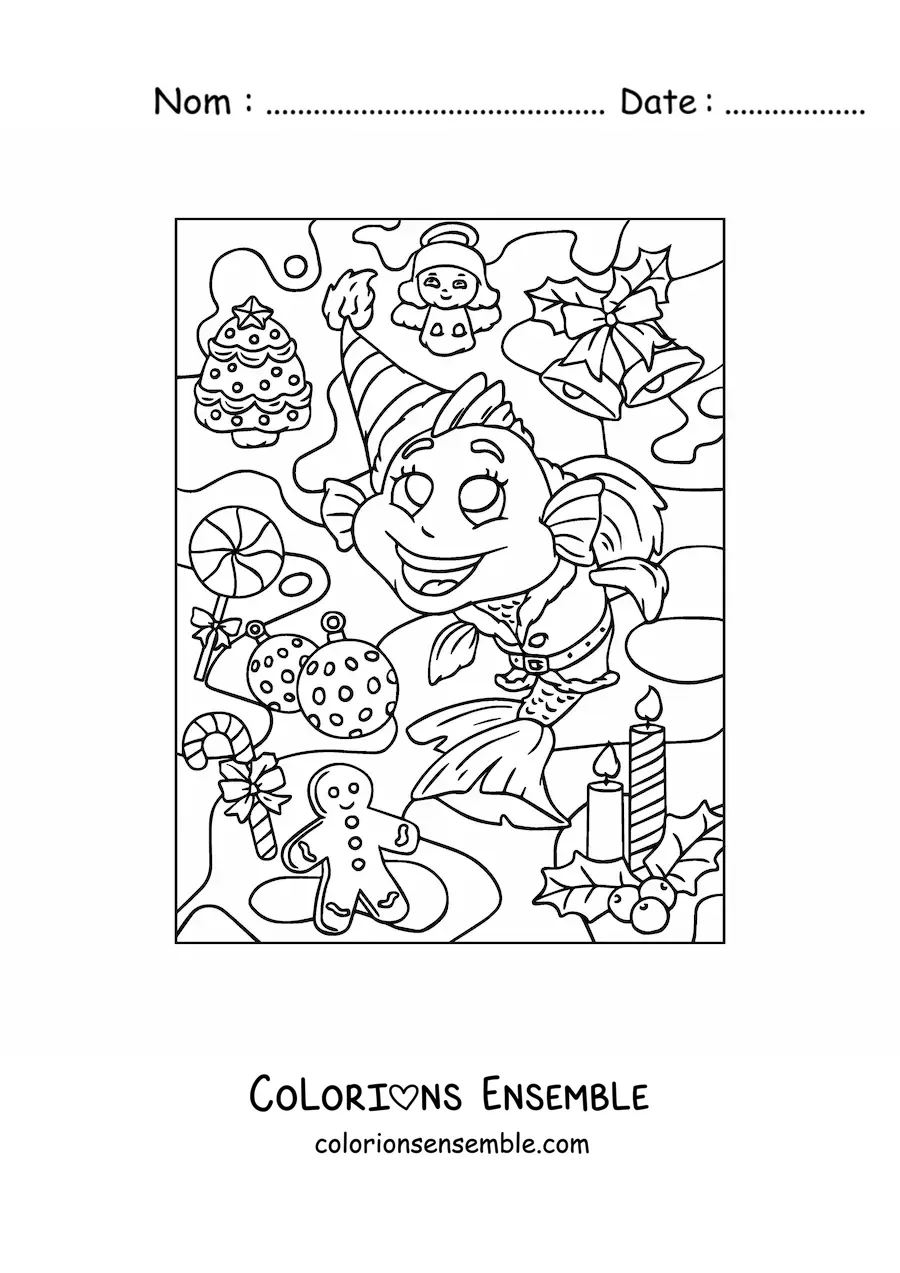 Image a colorier d’un poisson de Noel anime