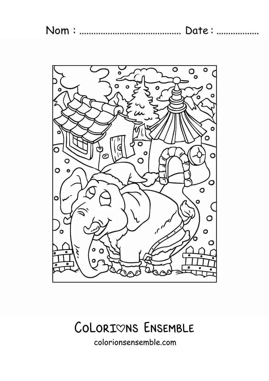 Image a colorier d’un elephant de Noel anime