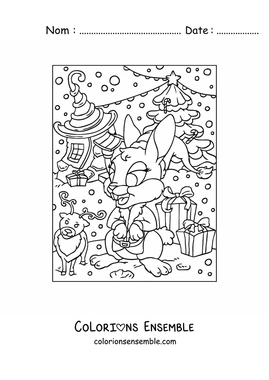 Image a colorier d’un lapin de Noel anime