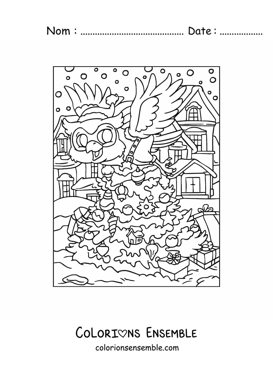 Image a colorier d’un hibou de Noel anime