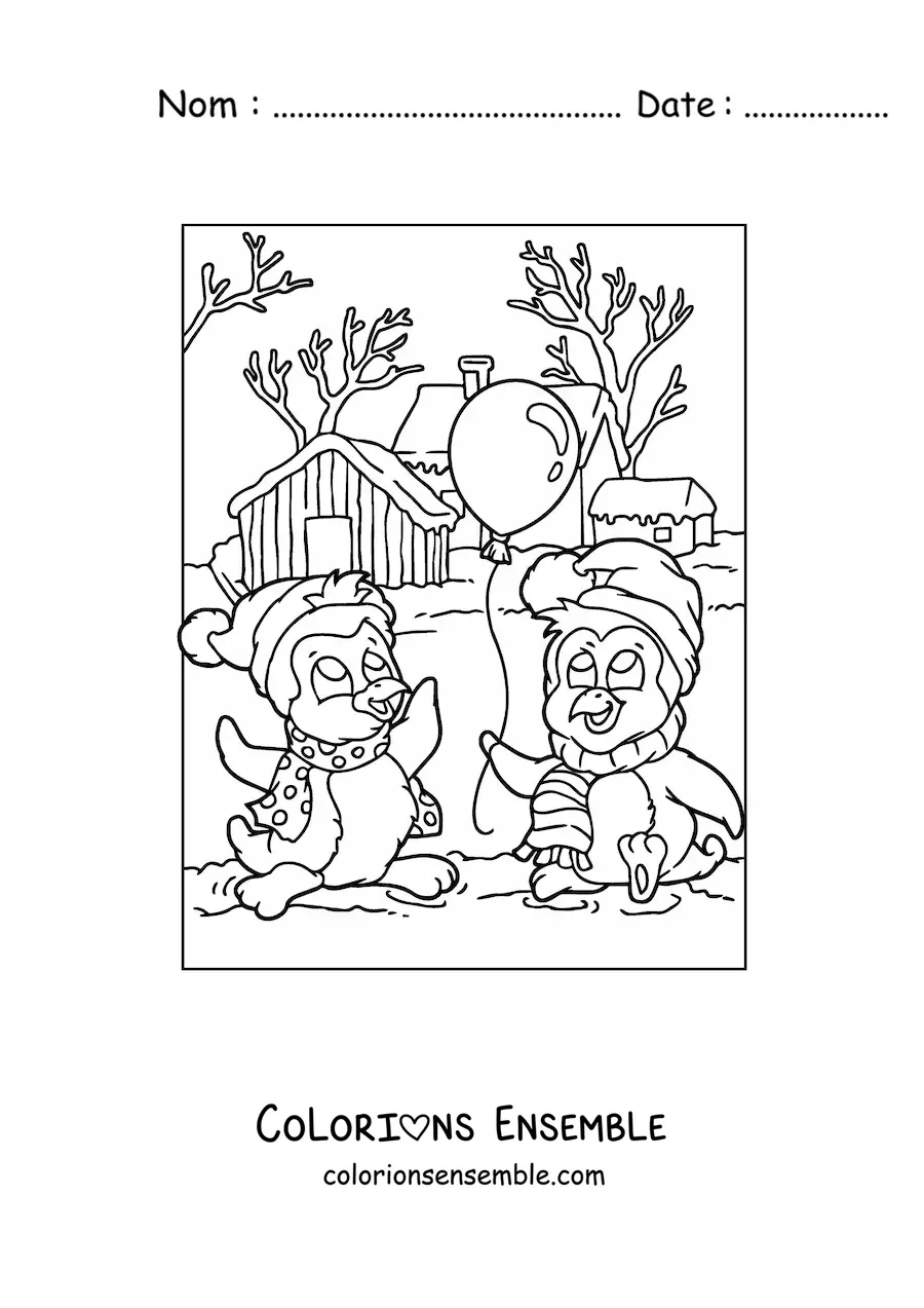 Image a colorier de pingouins de Noel animes