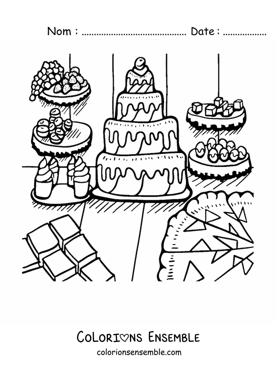 Image à colorier de plusieurs gâteaux et desserts