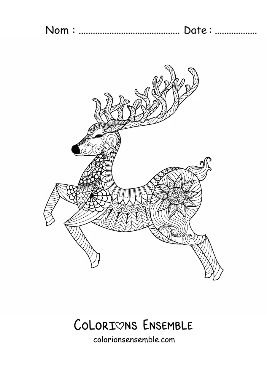 Image a colorier d’un cerf de Noel en style zentangle