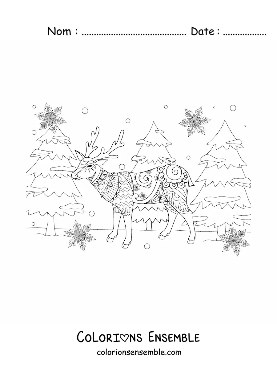 Image a colorier d’un cerf de Noel en style zentangle avec des sapins