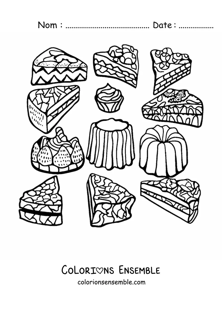 Image à colorier de plusieurs parts de gâteaux et de desserts
