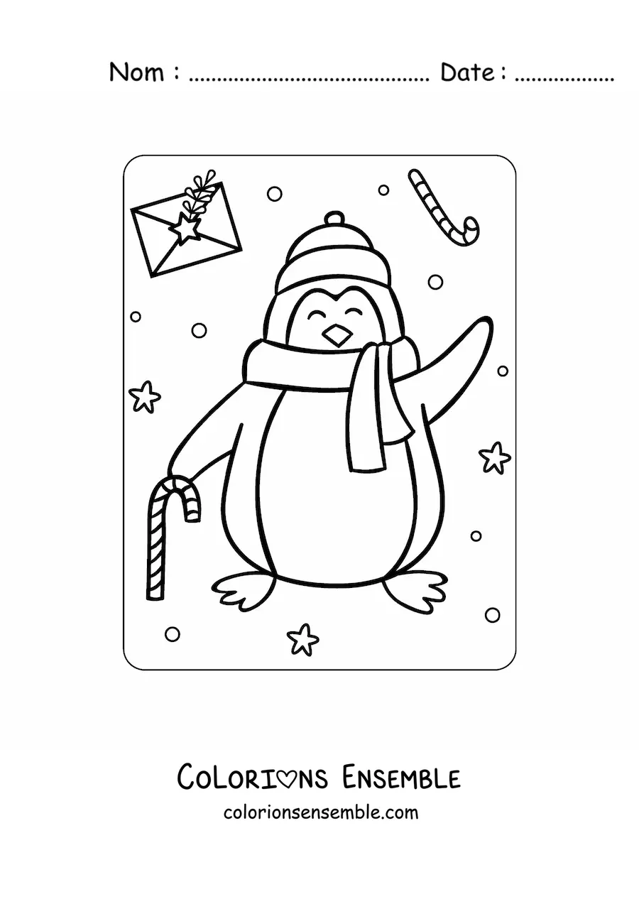 Image a colorier d’un pingouin de Noel avec une echarpe