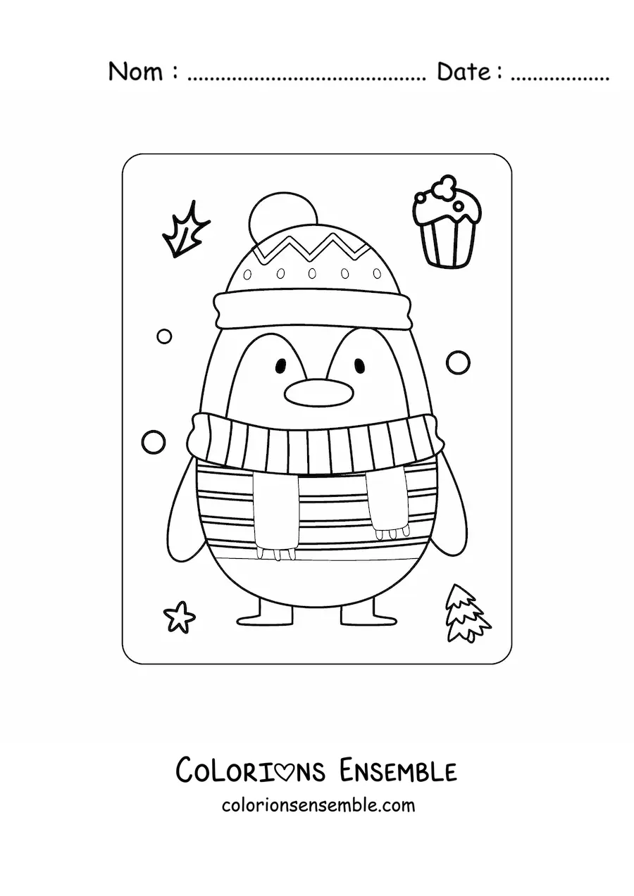 Image a colorier d’un pingouin de Noel avec une echarpe et un bonnet