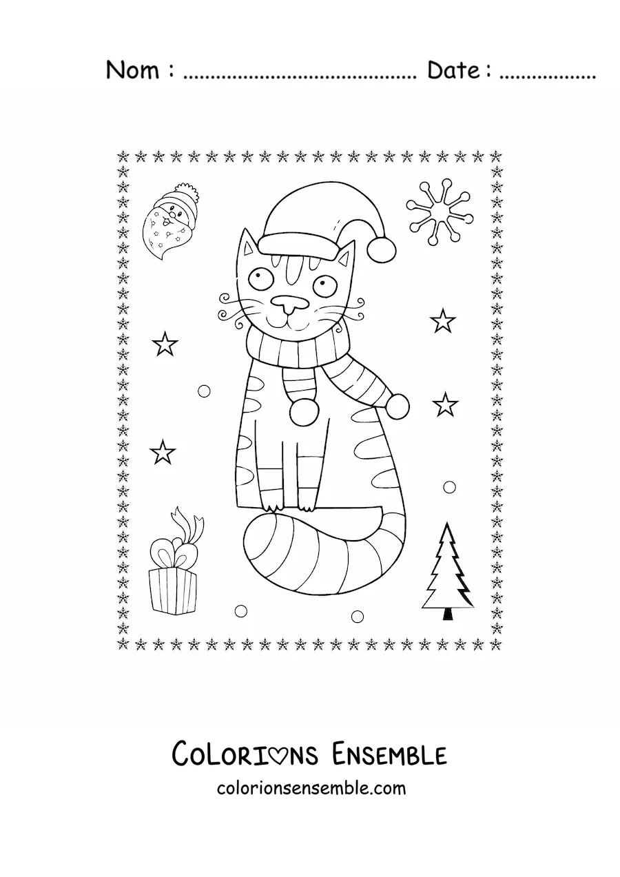 Image a colorier d’un chat de Noel avec une echarpe