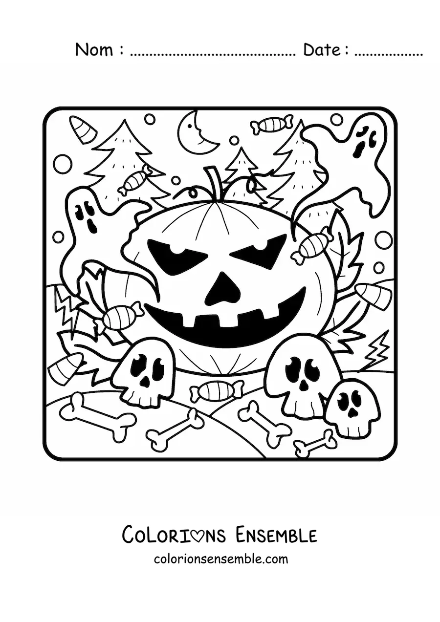 Image a colorier d’une grande citrouille d’Halloween avec des fantomes