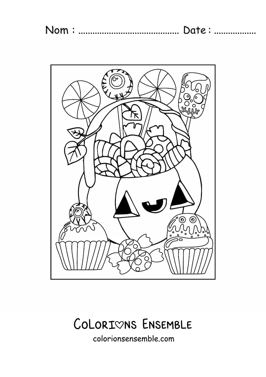 Image a colorier d’une citrouille d’Halloween kawaii avec des bonbons