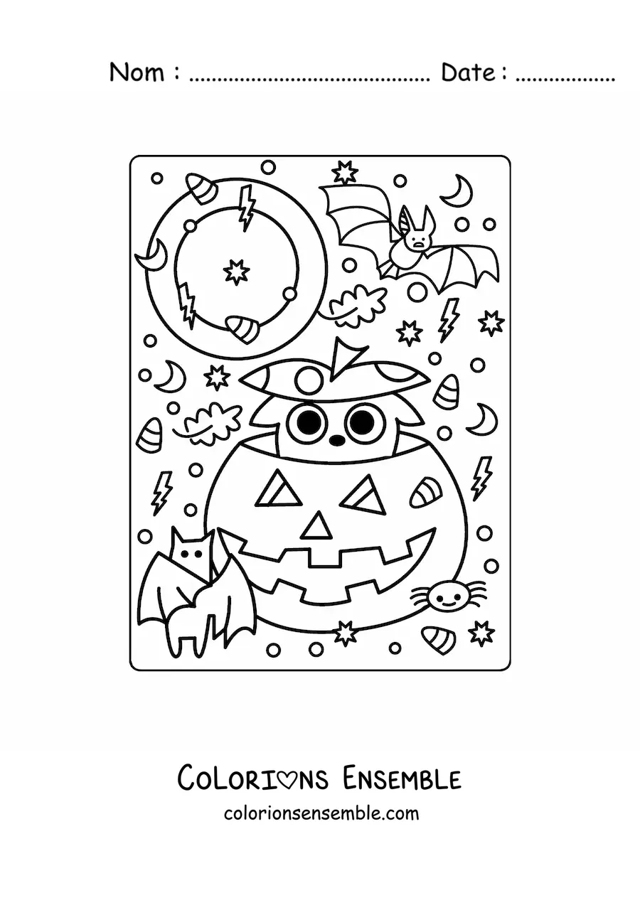 Image a colorier d’une citrouille d’Halloween en dessin anime avec un chat kawaii