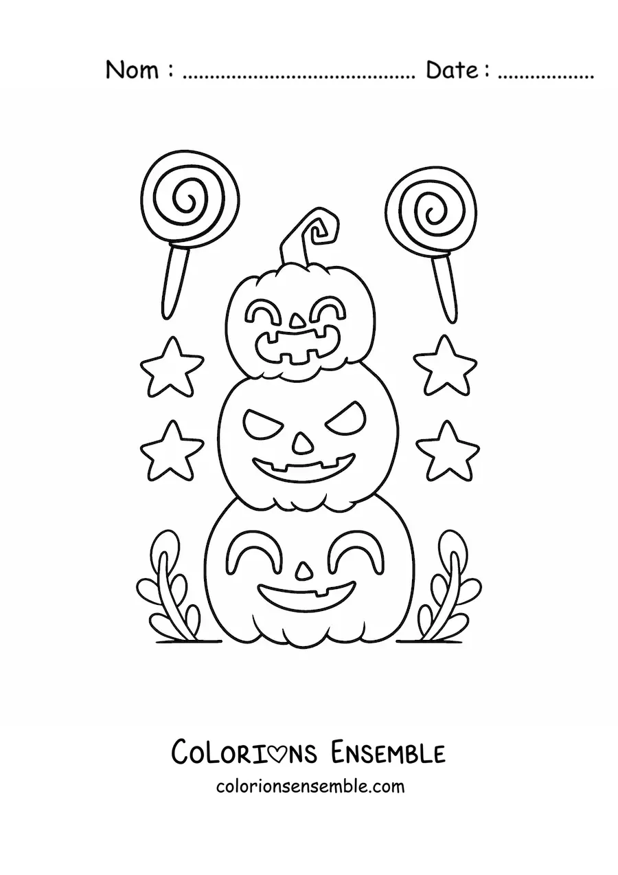 Image a colorier de jolies citrouilles d’Halloween avec des bonbons
